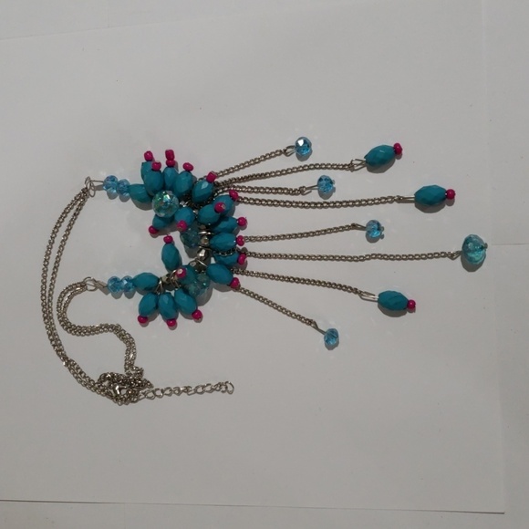 Turquoise & Red Beaded Statement Necklace & Earrings – Silver Fringe Multi-Chain - Picture 7 of 7
